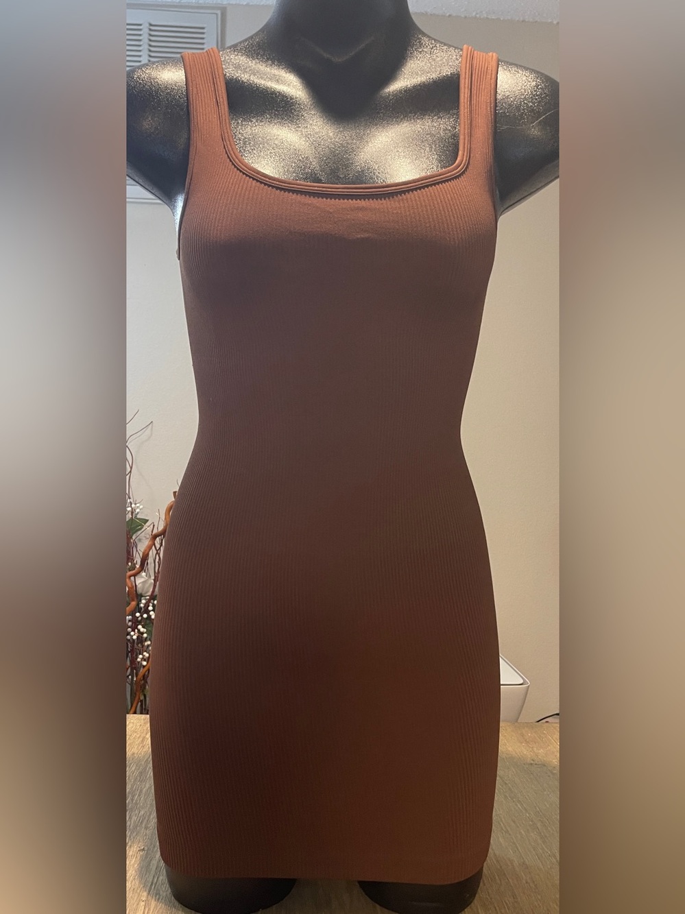Sleeveless Ribbed Bodycon Dress in Brown, Size Small